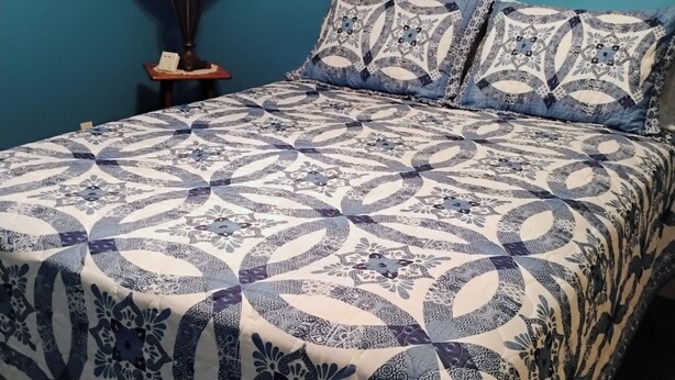 A bed with a blue and white patterned bedspread, a small bedside table with a lamp, and a framed painting on the wall. - Charming 1-bedroom cottage in Port Orange Close to Daytona Beach  (Port Orange)