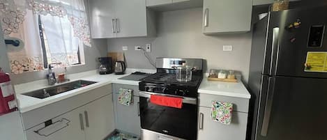 KĂŒhlschrank, Ofen, Herdplatte, Wasserkocher mit Kaffee-/Teezubehör
