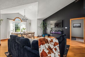 TV connectée, cheminée, livres, médiathèque