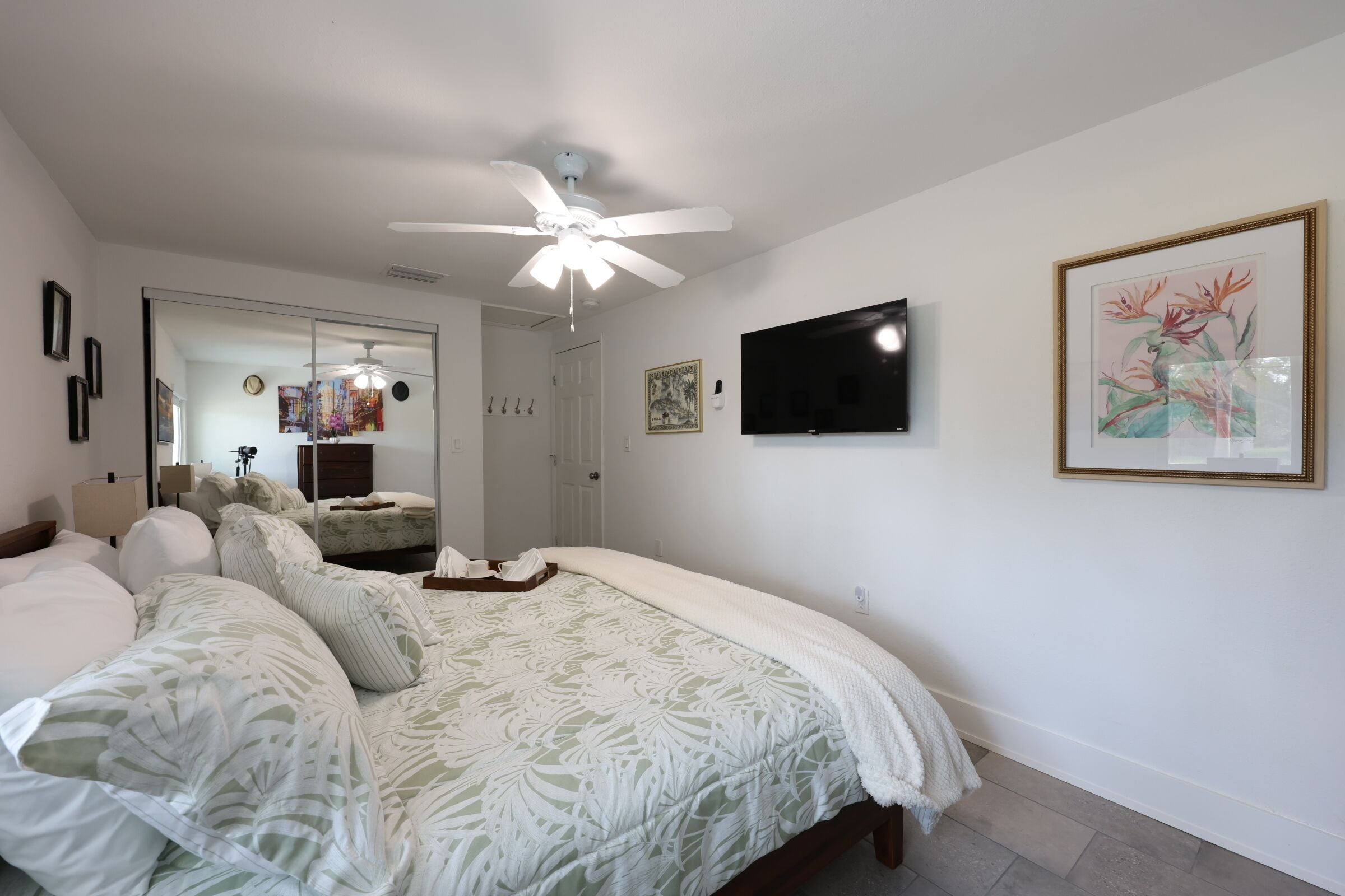 A bedroom with a bed, a ceiling fan, a TV, and artwork on the wall.