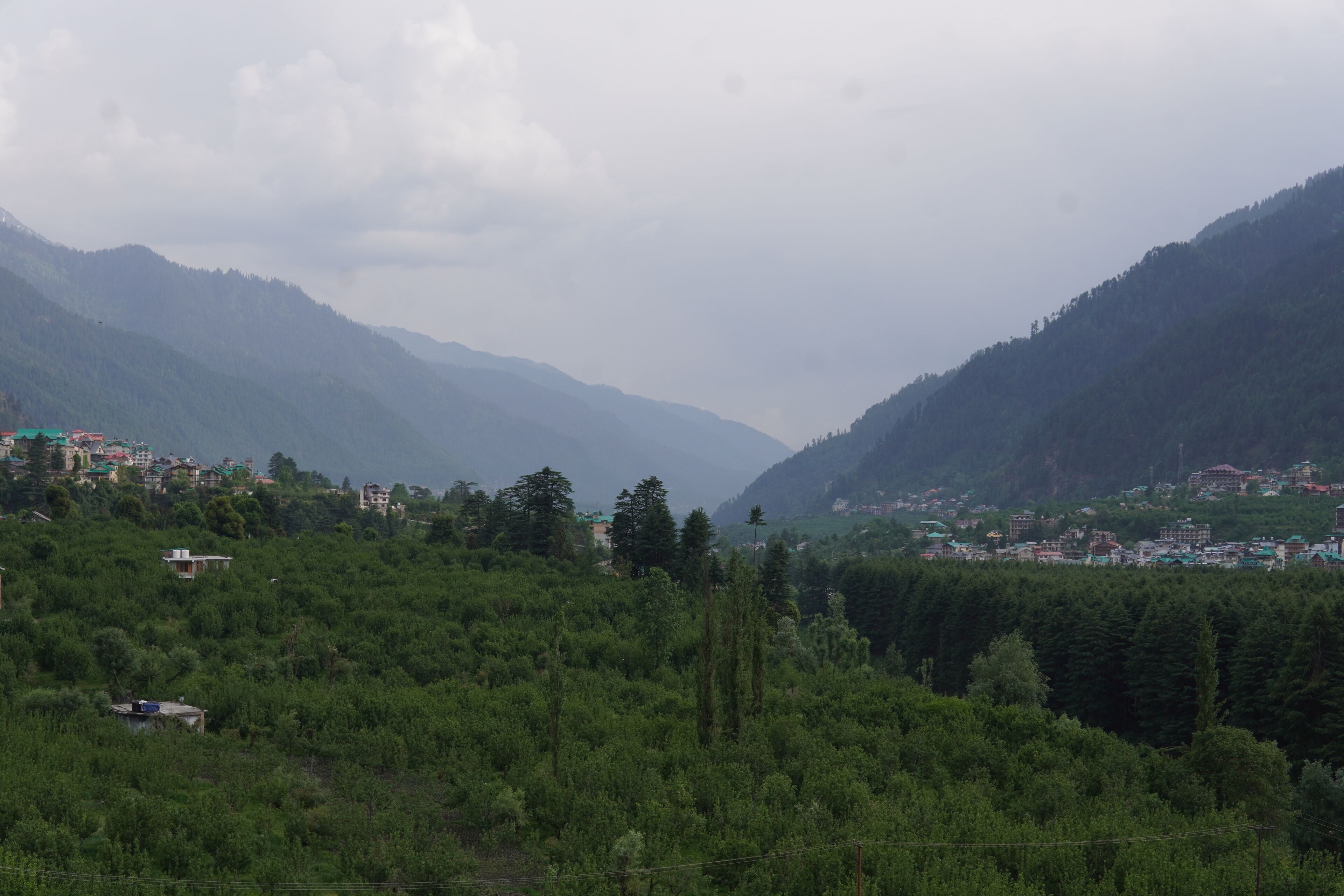 A mountainous landscape with dense forest and scattered buildings.