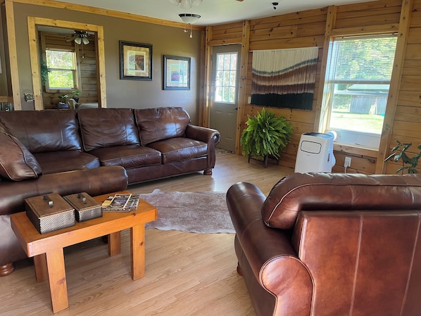 A cozy living room with a brown leather sofa, a wooden coffee table with speakers, and a large fern plant.