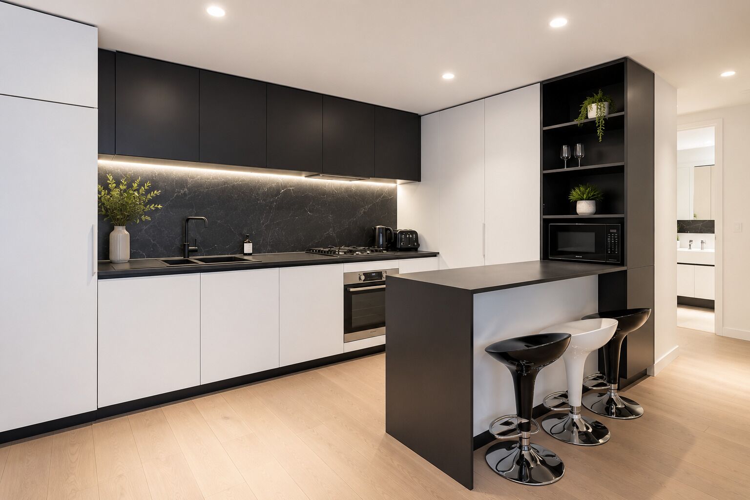 Fridge, microwave, oven, stovetop