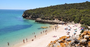 A beach with clear turquoise water, rocky outcrops, and a forested hill.