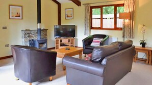 Ein Wohnzimmer mit Kamin aus Stein, einem Fernseher, Ledersofas, Holzbalken und einem Fenster mit Vorhängen.