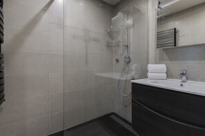 Shower, hair dryer, towels