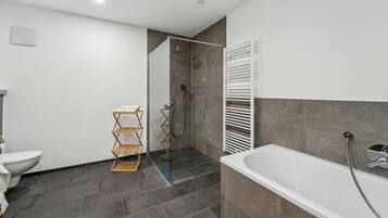 Hair dryer, towels, soap, toilet paper