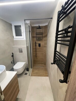 Douche, séchoir à cheveux, serviettes fournies, savon