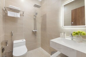 Hair dryer, bidet, soap, shampoo