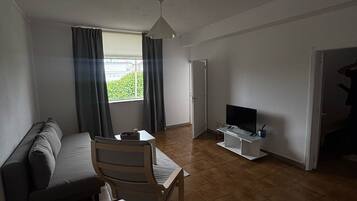 Uma sala de estar moderna com sofá, uma cadeira de madeira, televisão e janela com cortinas.