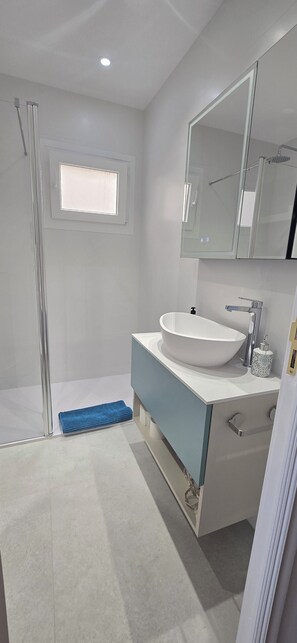 Een douche, een haardroger, een bidet, handdoeken