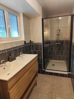 Shower, hair dryer, toilet paper