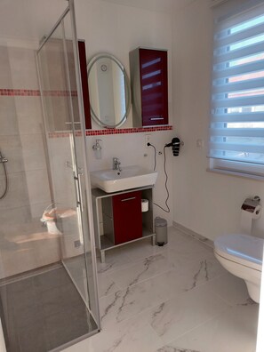 A bathroom with a glass shower enclosure, a white sink with a red cabinet, a mirror above the sink, and a toilet with a paper towel holder. - Small but nice, for relaxing. WWW like forest, water, meadow. (Grünheide (Mark))