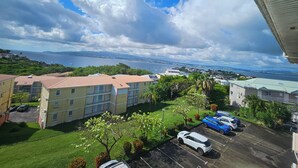 Zona residencial con vista a un cuerpo de agua, edificios y coches estacionados.