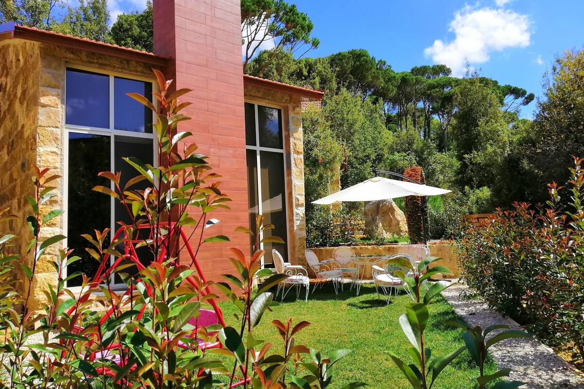 A house with a stone facade, large windows, and a garden with a lawn and patio furniture.