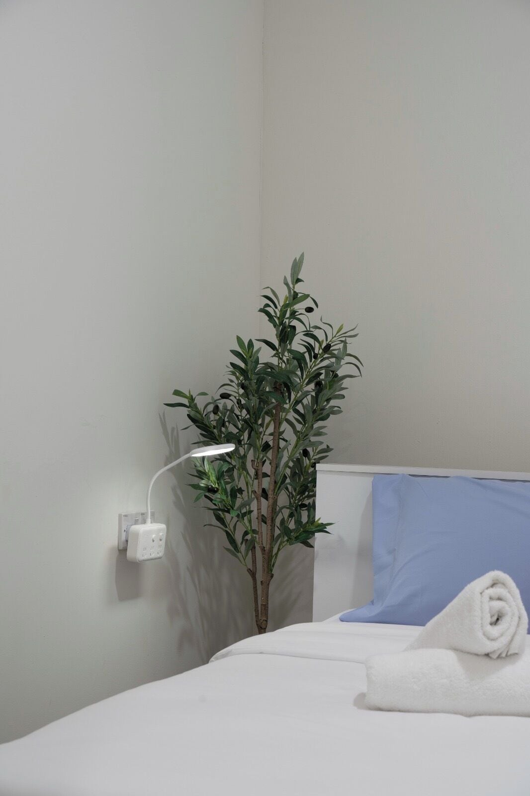 Una habitación de hotel con una cama, una toalla blanca, una lámpara de pared y una planta en maceta.