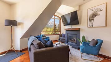 Televisión, chimenea, libros y oficina