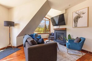 Televisio, takka, kirjoja, työhuone