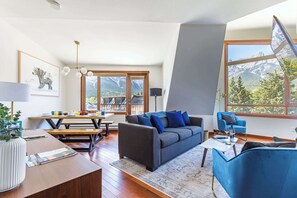 TV, fireplace, books, offices