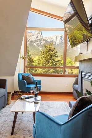 TV, fireplace, books, offices