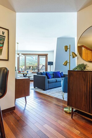 TV, fireplace, books, offices