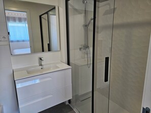 Shower, hair dryer, towels