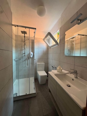 Ein modernes Badezimmer mit einer Duschkabine aus Glas, einer Toilette und einem großen Waschbecken mit Spiegel darüber.