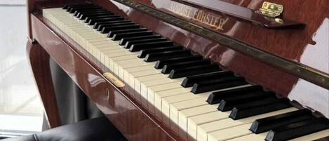 Un piano de cola con un banco acolchado negro.