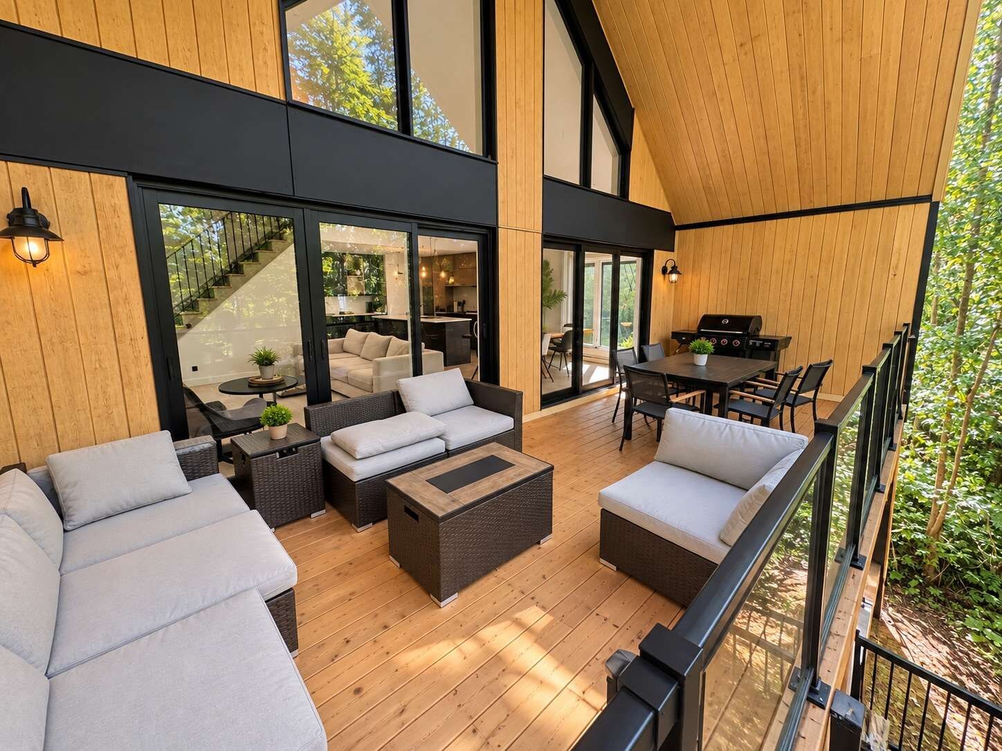 A spacious outdoor living area with a wooden deck, furnished seating, and a grill.