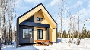 Eine moderne Hütte mit Satteldach, großen Fenstern und einer Holzterrasse.