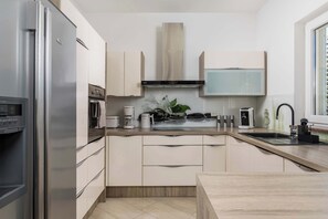 A modern kitchen with a stainless steel refrigerator, built-in oven, and a coffee maker. - Villa Luxoria (Peroj)