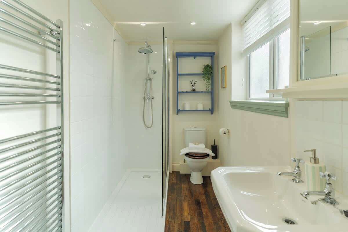 Shower, hair dryer, towels