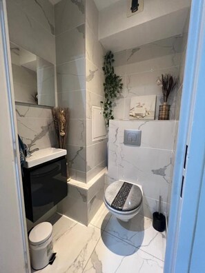 Dusj, hårføner, håndklær og såpe