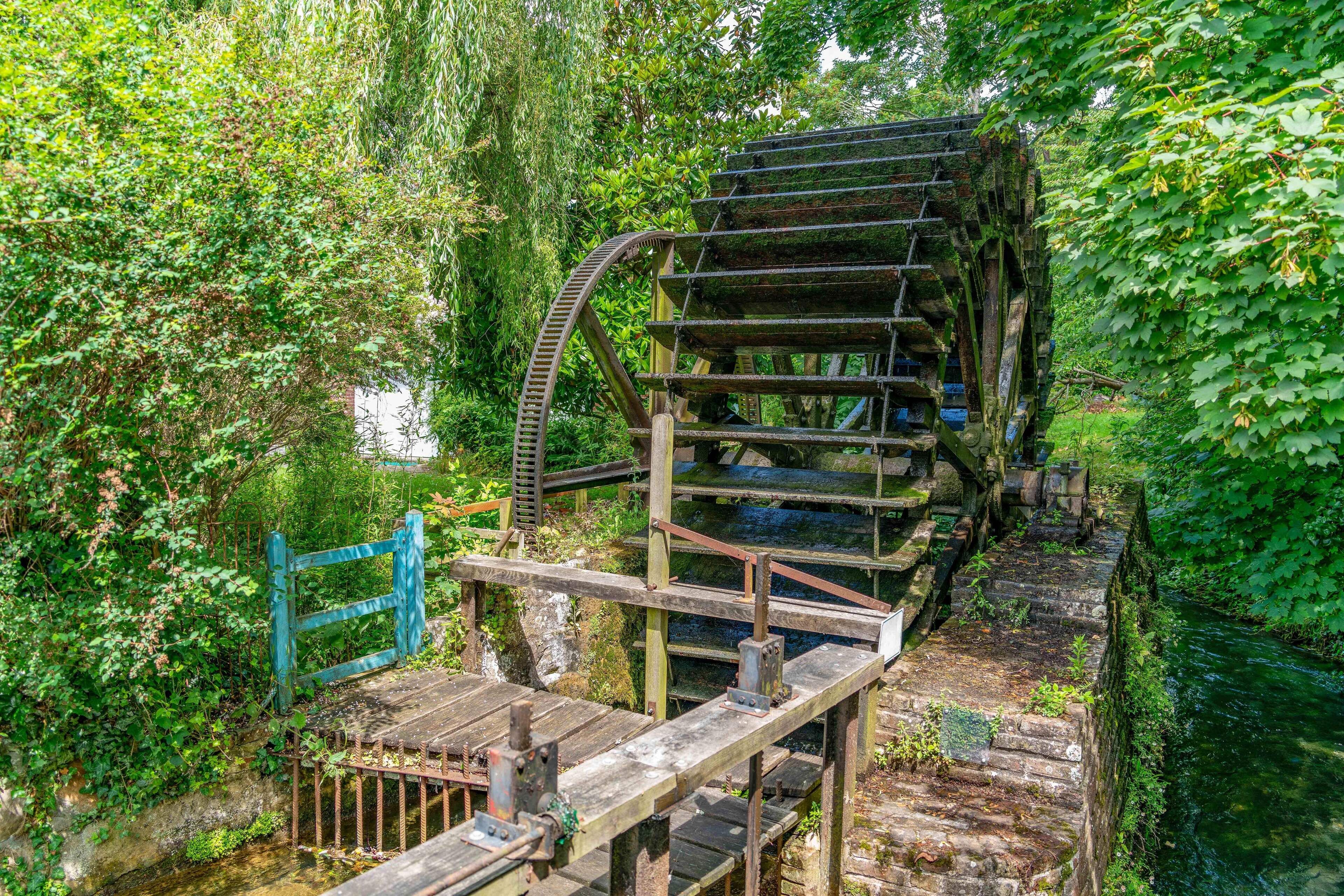 Un molino histórico con una escalera de madera que sube a la parte superior, rodeado de abundante vegetación.