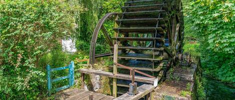Un molino histórico con una escalera de madera que sube a la parte superior, rodeado de abundante vegetación.