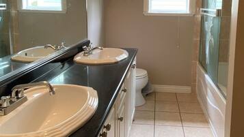 Hair dryer, towels, soap, shampoo