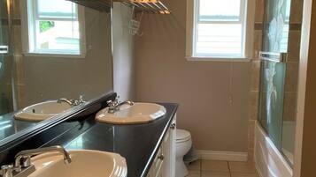 Hair dryer, towels, soap, shampoo
