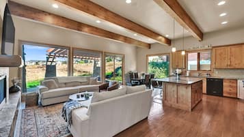 Televisio, takka, stereot, työhuone