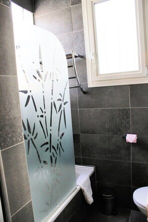 Hair dryer, towels, soap, shampoo