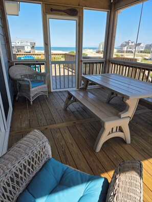 A covered outdoor area with a wooden deck, wicker furniture, and a view of the beach and ocean.