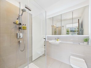 Shower, hair dryer, towels
