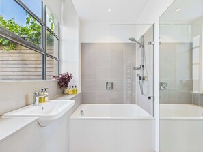 Shower, hair dryer, towels