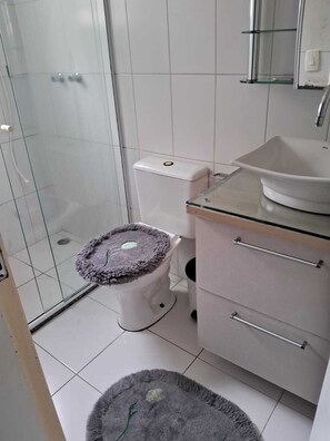 Shower, towels, toilet paper