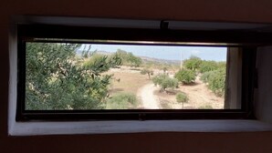 A window with a view of a dry, arid landscape with sparse vegetation and a dirt path. - CONTRADA CANALISI An experience on a rustic but charming farm. (NOTO)