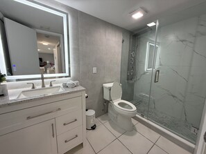 Hair dryer, towels, soap, shampoo