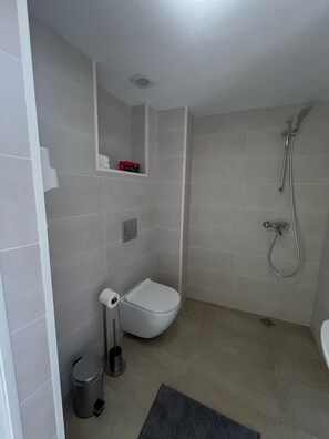 Hair dryer, towels, soap, toilet paper