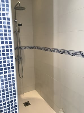 Douche, séchoir à cheveux, serviettes fournies