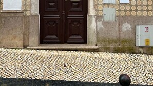 Une porte en bois à deux battants, surmontée d’une arche décorative, est intégrée à un bâtiment dont les murs sont recouverts de carreaux à motifs.