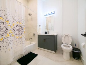 Hair dryer, towels, toilet paper