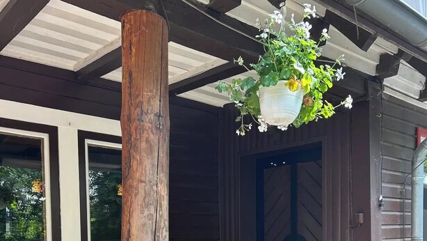 A wooden porch with a hanging planter, a welcome mat, and a red bench. - Bulk-Haus (Seesen)